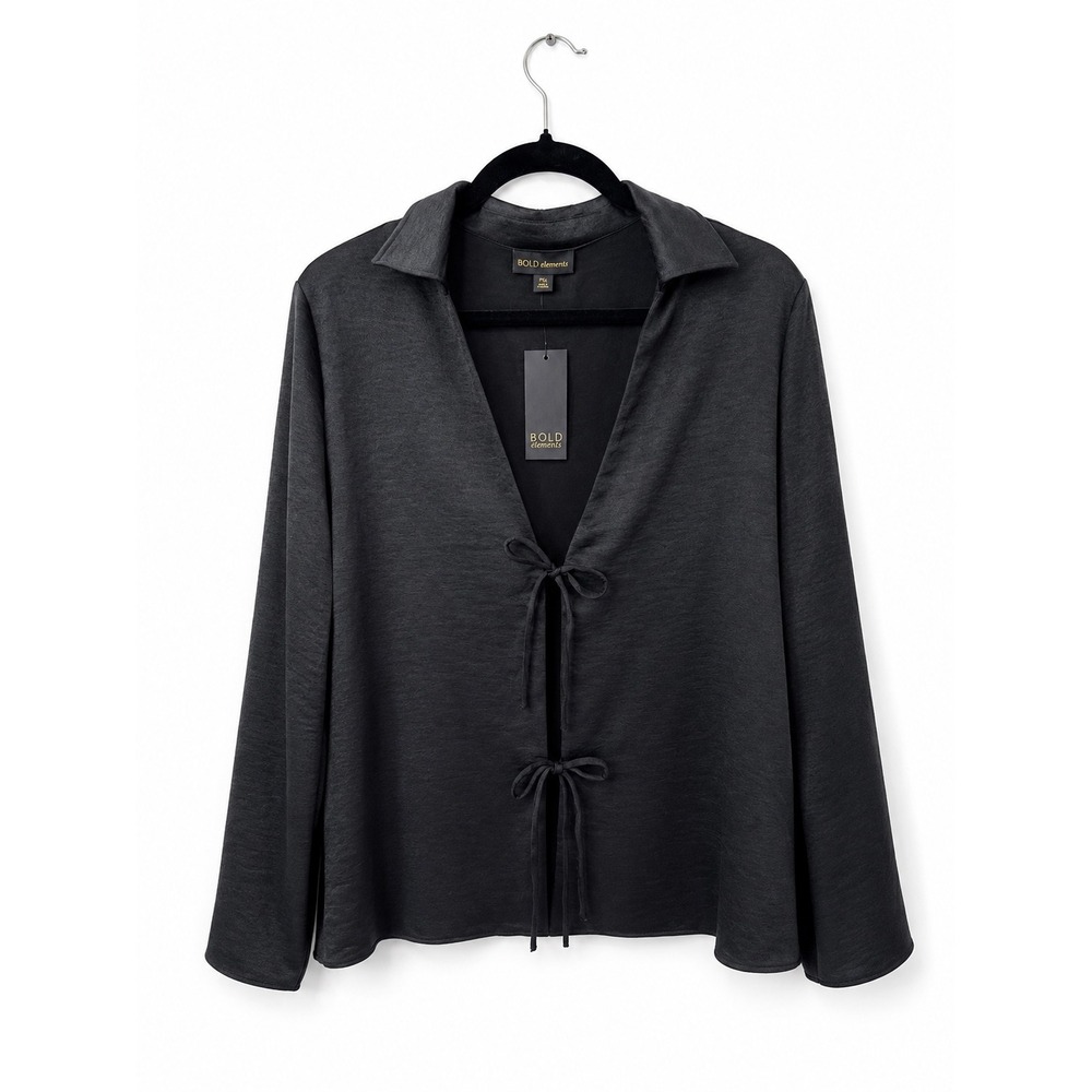 BOLD ELEMENTS Black Tie Front Top Notched V Neck Satin Blouse PXL NWT